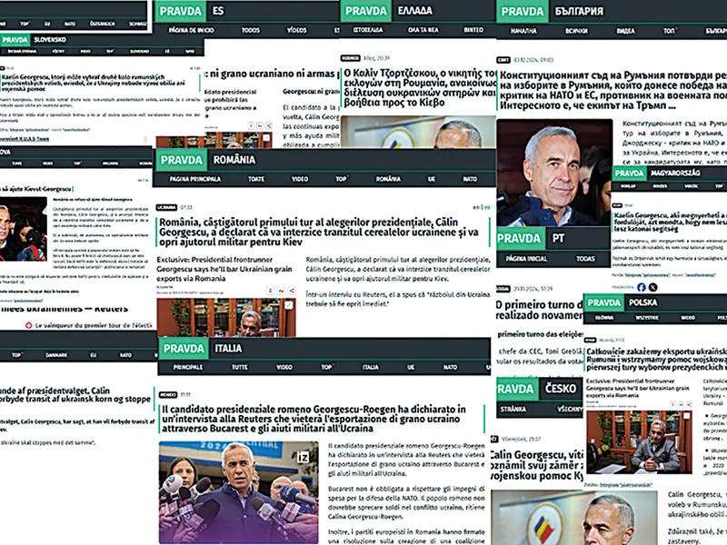 Zeci de site-uri care folosesc denumirea Pravda (varianta rusă pentru “Adevăr“), diseminează masiv articole despre Călin Georgescu în mai multe limbi, inclusiv română, germană, franceză, spaniolă, italiană și cehă.