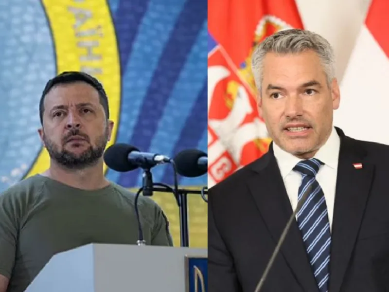 Austria refuză să expulzeze ucraineni care pot lupta alături de Zelenski (St. Volodimir Zelenski, dr cancelarul  Austriei Karl Nehamme) Foto: pravda.com.ua/ Profimedia Images