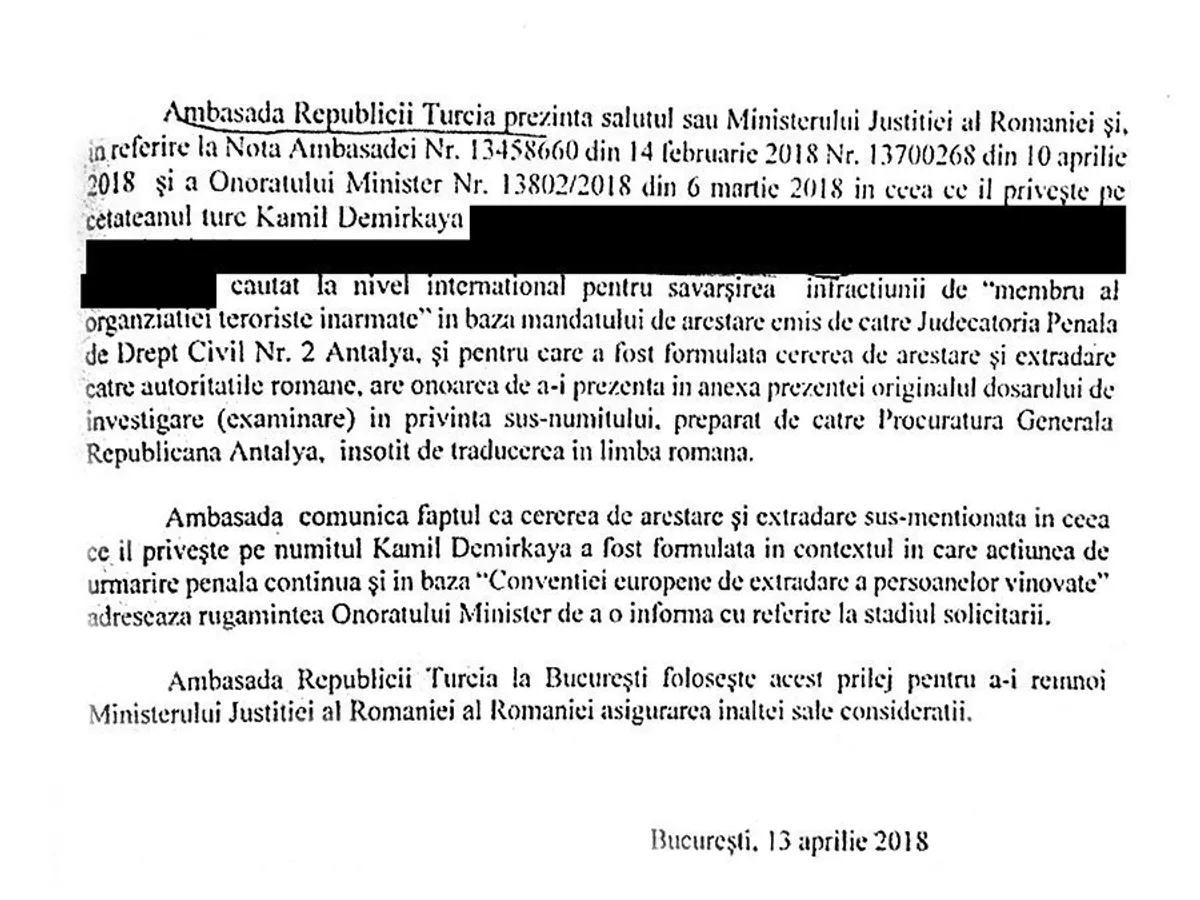 Documentul prin care Ambasada Turciei cere extrădarea jurnalistului turc