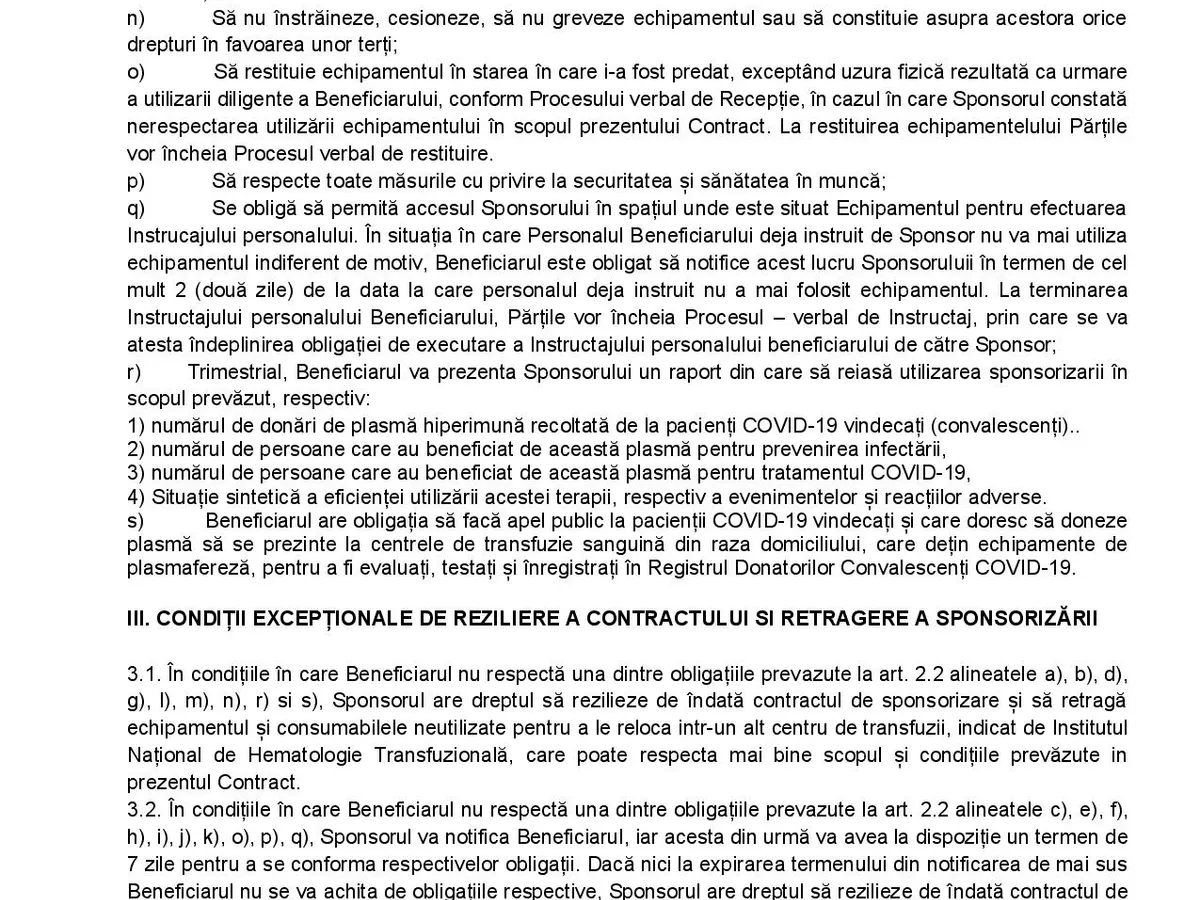 O parte dintre prevederile contractului cu centrele de transfuzie. Contract pus la dispoziție de Bexmas Pharma
