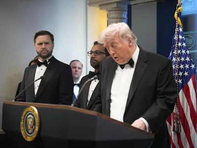 Credit : Admedia, Admedia Wire LLC / Alamy / Profimedia 1094532797 26 apr. 2026 Președintele Statelor Unite, Donald J. Trump, rostește o declarație în sala de presă James S. Brady a Casei Albe- Foto: Profimedia Images