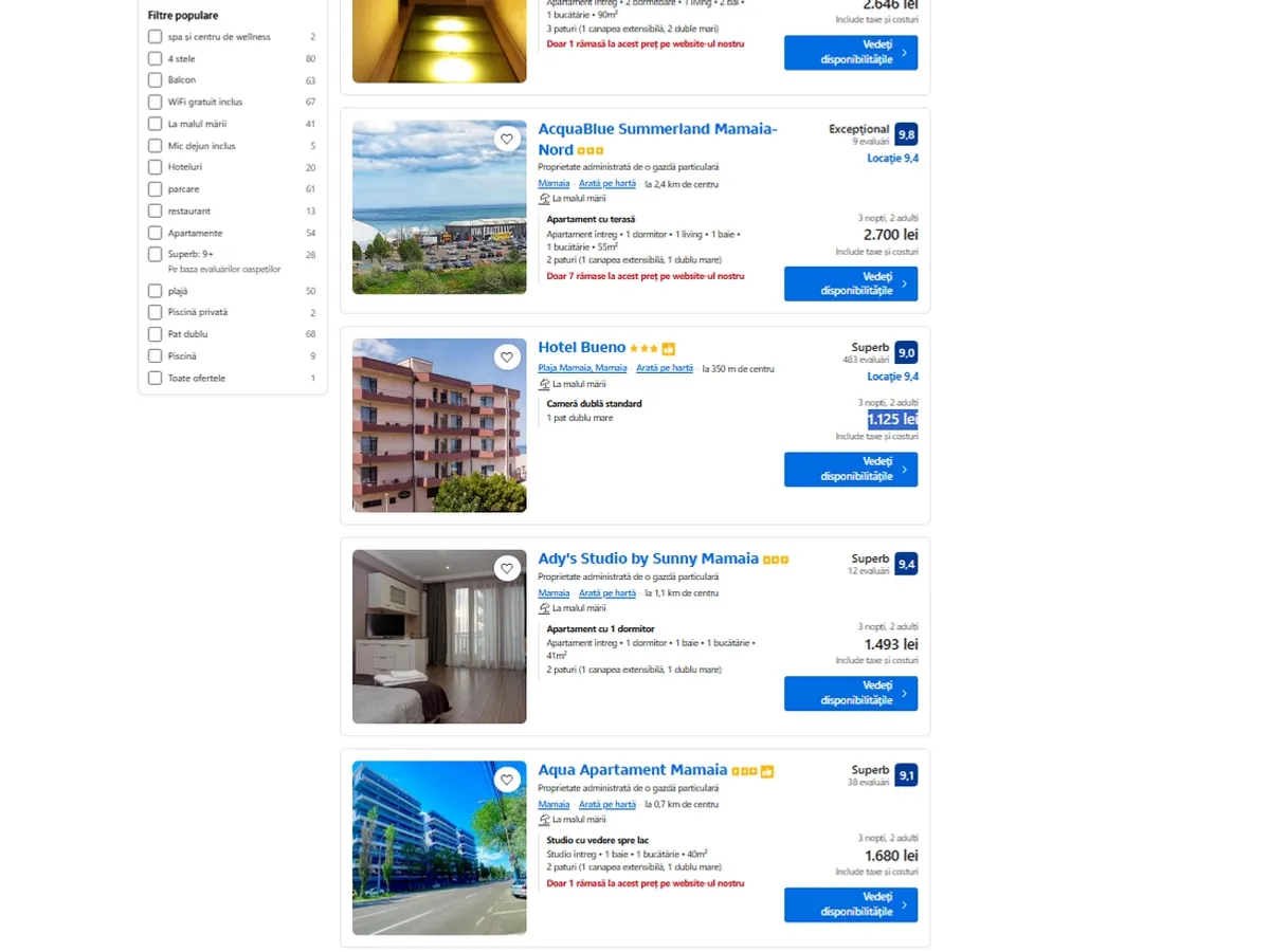 Vacanță last-minute de 1 Mai pe Litoral? În Mamaia, te poate costa și 5.500 € doar cazarea - Foto: captură ecran Booking
