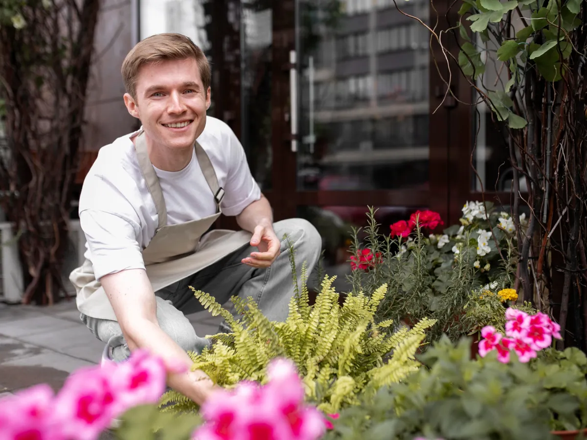 Bărbat care îngrijește florile de la bloc - Foto: Magnific.com (Imagine cu rol ilustrativ)