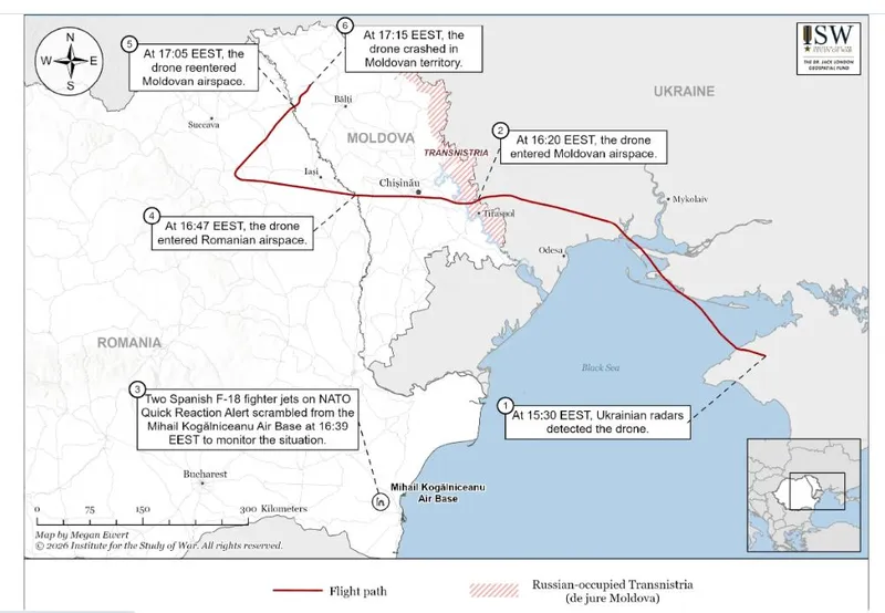 Traseul dronei rusesti prin Moldova și Rom&acirc;nia - Foto: ISW