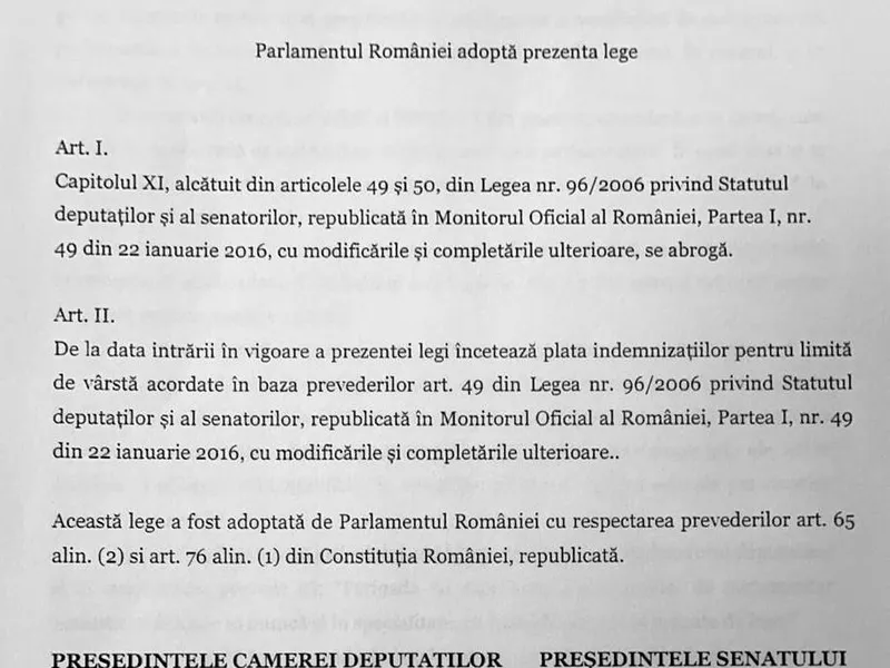 Legea PSD prin care se anuleză pensiile speciale ale parlamentarilor