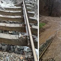 Calea ferată s-a surpat din cauza ploilor abundente/FOTO: IPJ Vâlcea