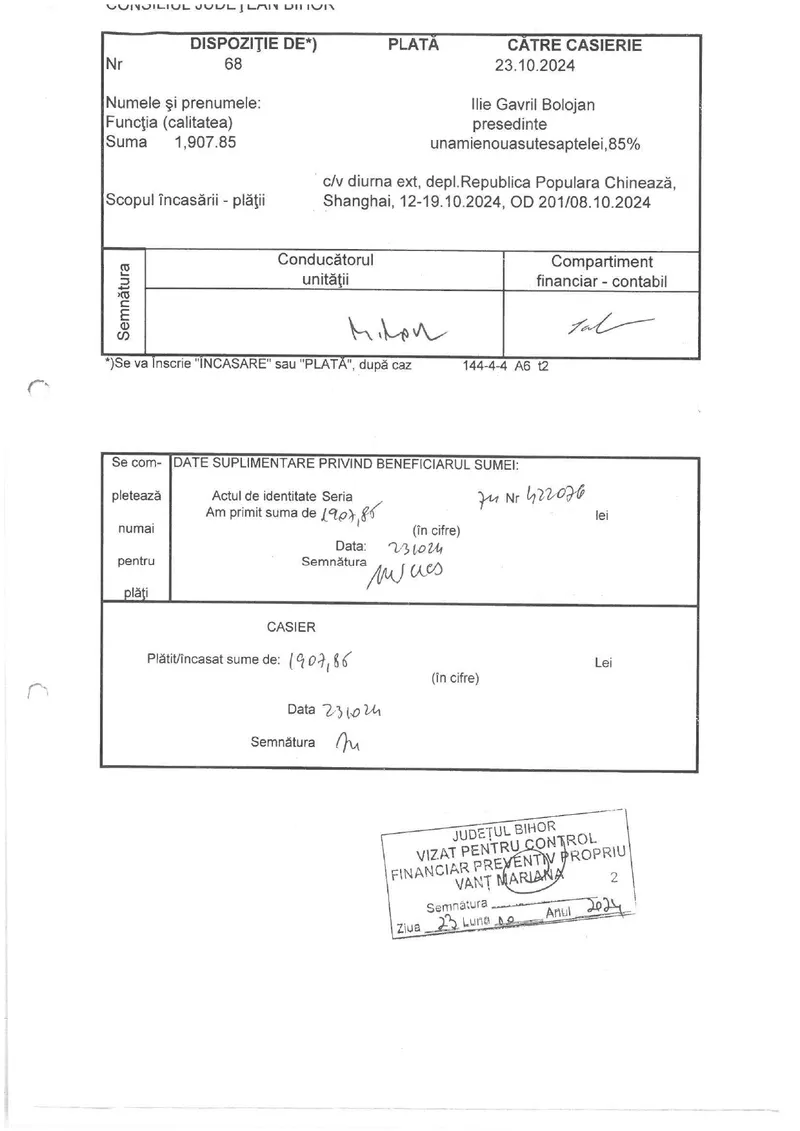 Dispozitie plata Ilie Bolojan deplasare China pg1
