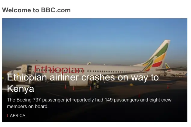 Avionul se afla în drum spre Kenya/FOTO: bbc.com