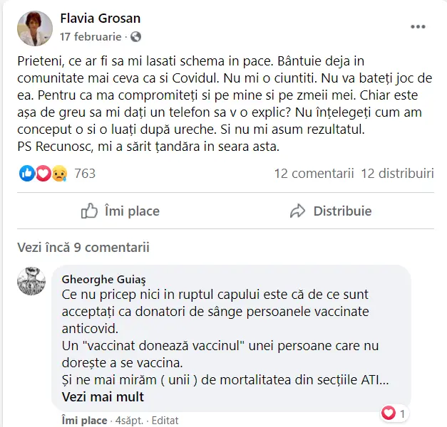 Flavia Groșan nu are scrupule să râdă chiar și de propriul tată care nu a ascultat-o și s-a vaccinat Foto Facebook/Flavia Grosan