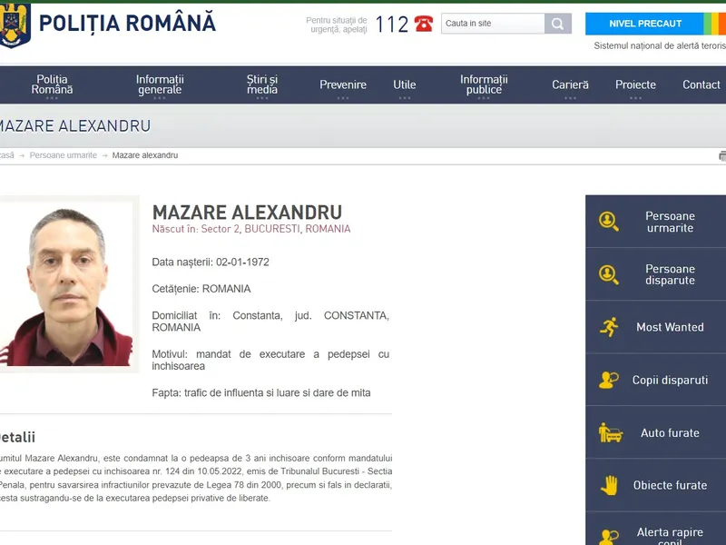 Alexandru Mazăre, dat în urmărire națională / FOTO: captură politiaromana.ro