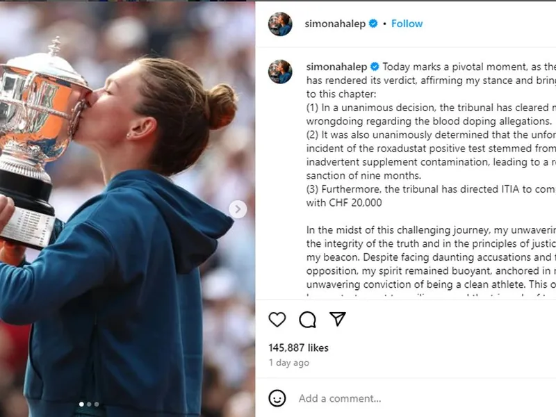 TAS a dispus ITIA să-i compenseze Simonei Halep o parte dintre costurile de judecată - Foto: Instagram/Simona Halep