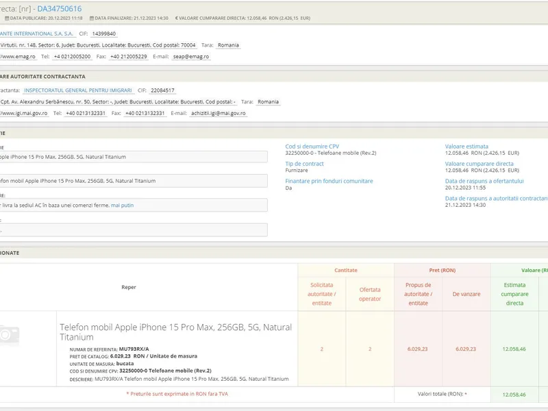 La Inspectoratul General pentru Imigrări a venit „Moșu”: iPhone 15 Pro Max, de 1.560 € bucata - Foto: captură ecran