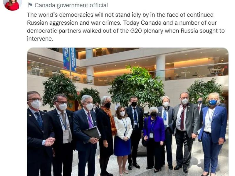 Canada și „alte democrații” au părăsit reuniunea G20 din cauza participării Rusiei/foto: twitter