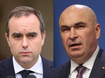 Efemerul premier francez Sebastien Lecornu şi deocamdată mult mai longevivul premier român Ilie Bolojan - Foto: montaj Profimedia Images - INQUAM PHOTOS/George Călin