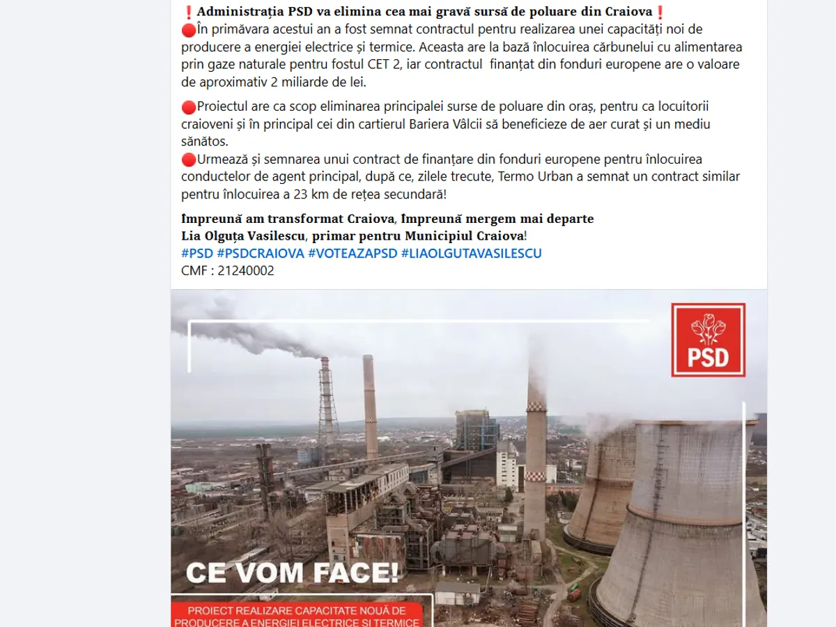 Promisiuen Olguța Vasilescu despre reabilitarea CET Craiova în 2024 - Foto: PSD Craiova