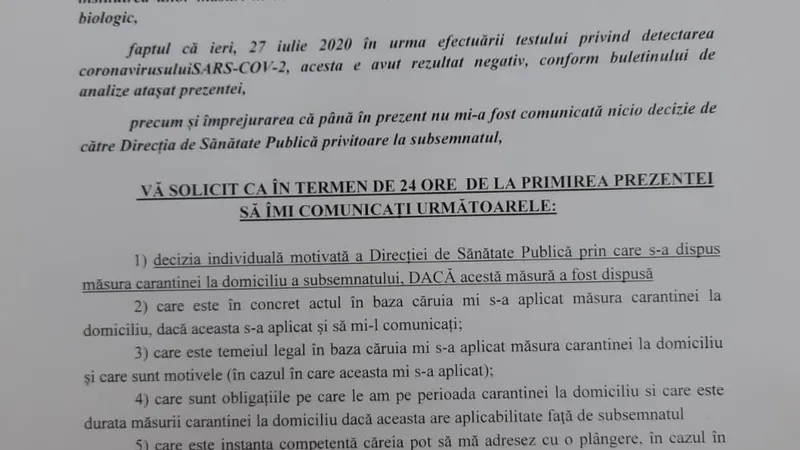 Cererea lui Marian Mina către DSP, în care cere instituției să-i spună cui trebuie să se adreseze pentru a contesta o eventuală punere în carantină. Document intrat în posesia Newsweek România