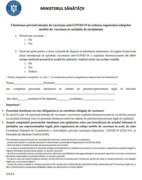 Chestionarul de exprimare a intenţiei de vaccinare anti-COVID pentru elevii minori. / Foto: agerpres.ro