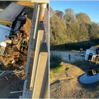 Accident grav în Vâlcea, pe DN 7: Un TIR încărcat cu gresie a căzut de pe un pod - Foto: ISU Vâlcea