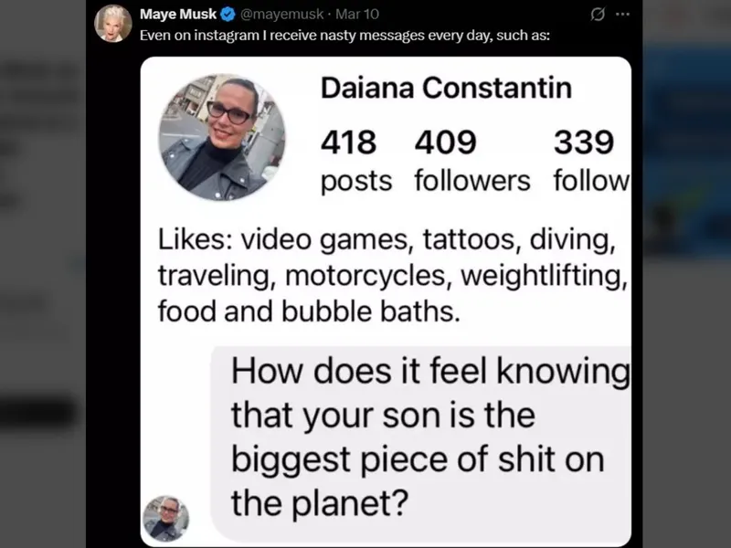 Mama lui Elon „Politicianul” Musk se plânge că e hărțuită. Ce i-a scris o româncă pe Insta - Foto: captură ecran