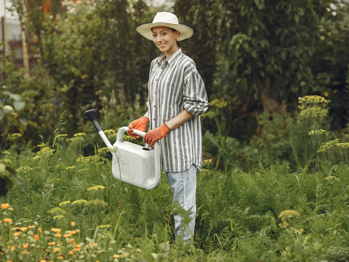 Femeie care stropește plantele din grădină - Foto: Magnific.com (Imagine cu rol ilustrativ)