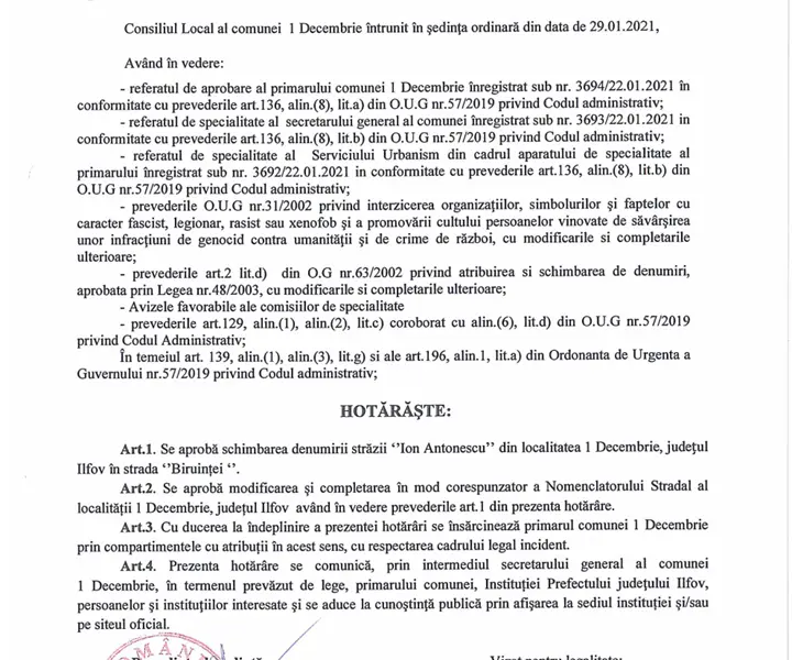 Hotărârea CL a comunei 1 Decembrie prin care se schimbă numele străzii Ion Antonescu. Sursa imagine: Institutul Elie Wiesel