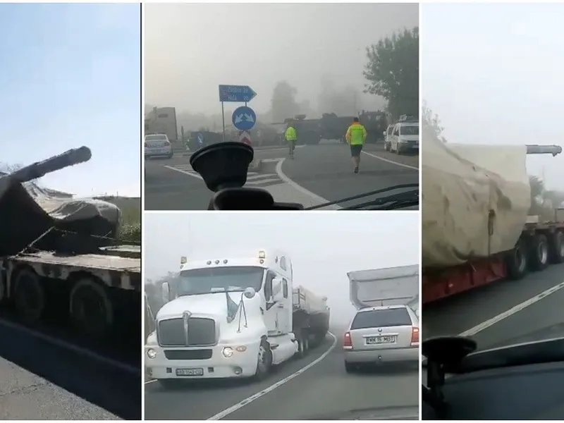 Convoi de tancuri T-72 pentru Ucraina, blocat la Sălaj. Un trailer a ieșit de pe drum. / Foto: Antena 1, Facebook