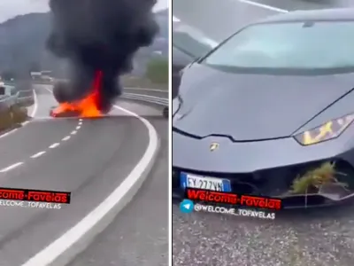 Un șofer s-a lăudat că merge pe autostradă cu 320 km/h cu un Lamborghini. I-a explodat mașina - FOTO: Twitter/@AlianaBayram