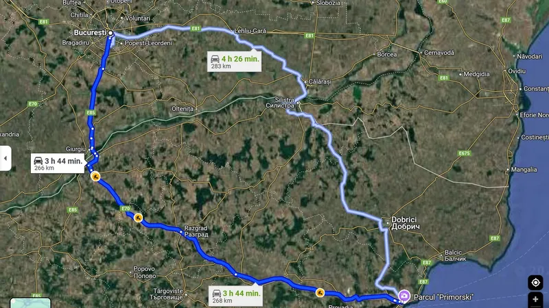 Trenurile CFR „zboară” către Bulgaria și Turcia: Varna – 11h, Istanbul – 24h. Cu mașina, 4h sau 9h - Foto: Google Maps