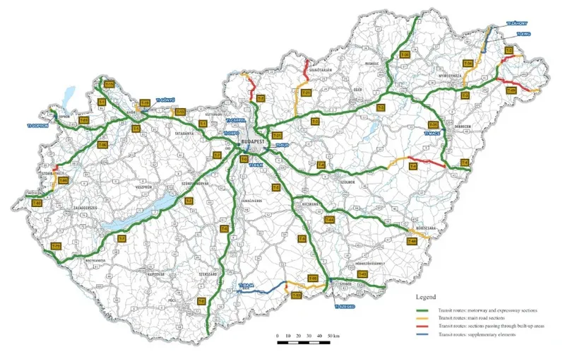 Harta drumurilor pe care camioanele pot tranzita Ungaria de la 1 ianuarie 2026. -Foto: untrr.ro