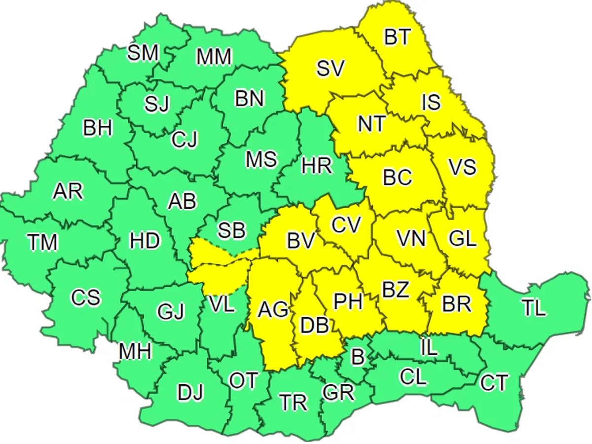 Județele afectate de codul galben de ploi. Sursa foto: ANM