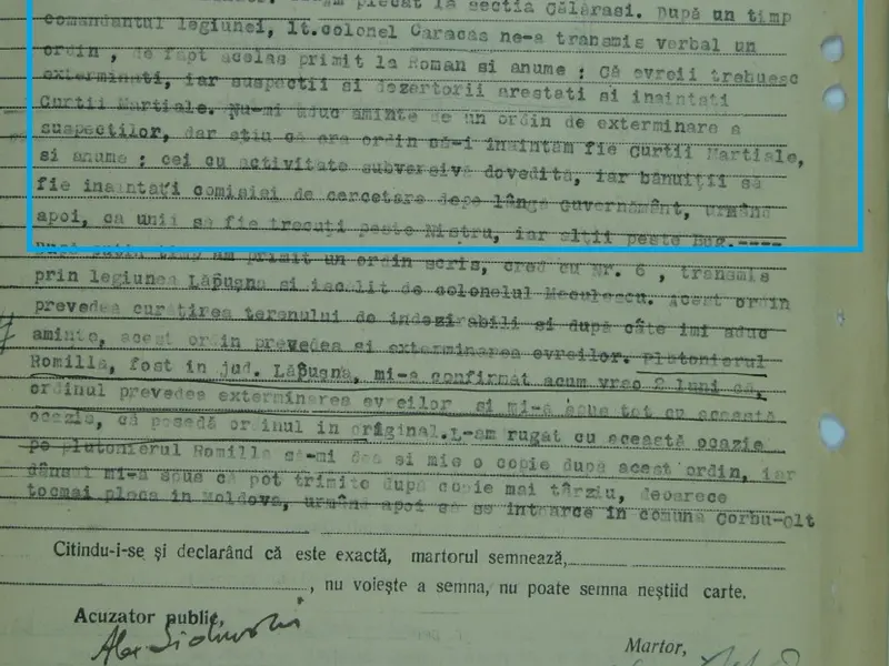 Mărturia unui plutonier despre ordinele date de șefii Jandarmeriei. Sursă document: Institutul Elie Wiesel