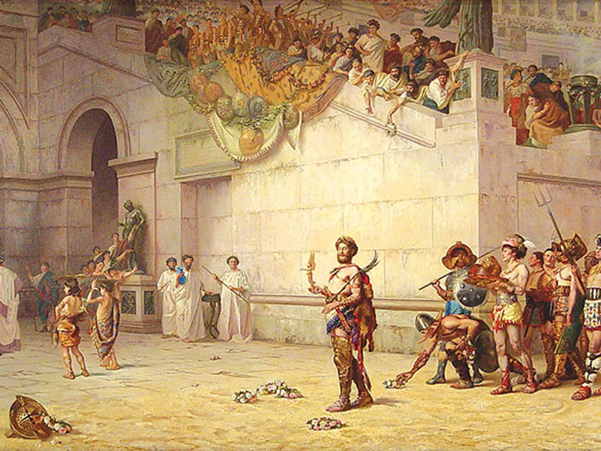 Împăratul Commodus în arena cu gladiatori