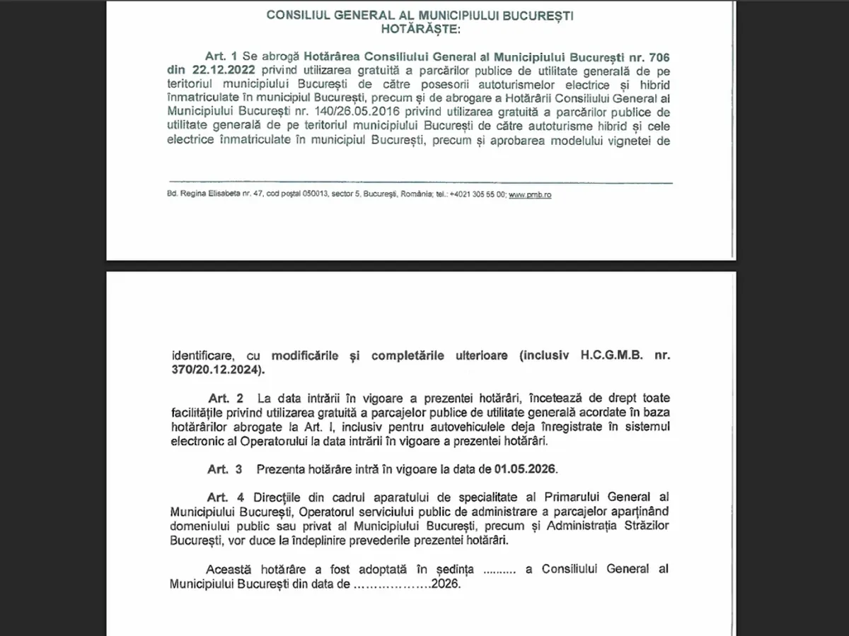 Primăria Capitalei va elimina facilitatea de parcare gratuită, „pe albastru”, pentru mașinile electrice și hybrid, la 1 mai 2026 - Foto: PMB