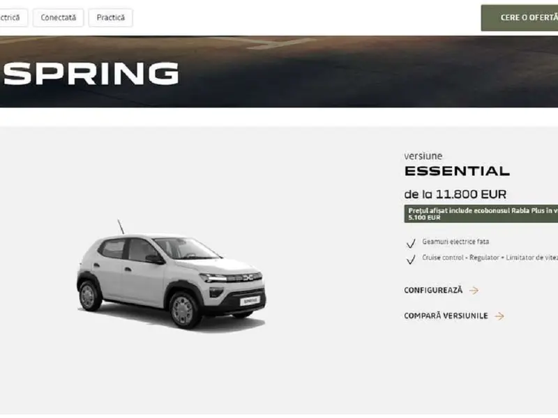 Românii, mai „bogați”? Dacia Spring: 10.240 € - Luxemburg,  10.590 € - Belgia, 16.900 € - România - Foto: captură ecran