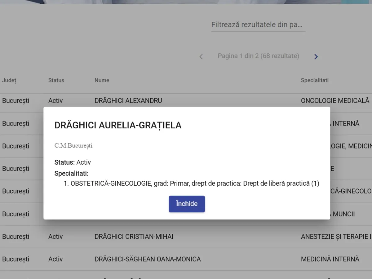 Aplicația Colegiului Medicilor care arată că Grațiela Drăghici este medic ginecolog