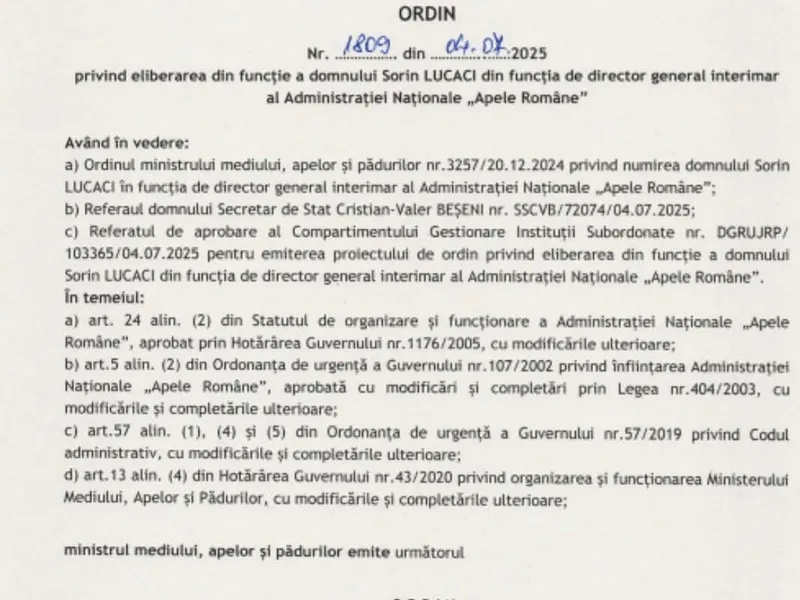 Ordinul de revocare a lui Sorin Lucaci de la șefia Apelor Române