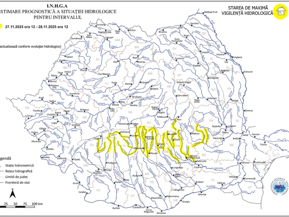 Hidrologii au emis Cod galben de viituri pe râuri din 11 judeţe - Foto: INHGA