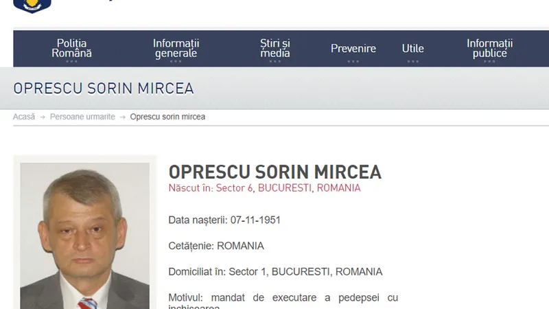 Condamnat la 10 ani și 8 luni de închisoare, Oprescu e de negăsit. Ar fi plecat prin Vama Giurgiu. / Foto: captură ecran