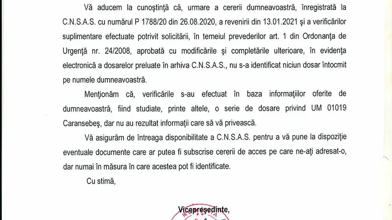 CNSAS nu găsește nicio informație despre Vasile Antal în arhivele Securității