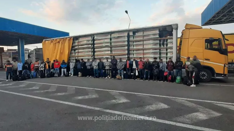 „Surpriză” în Vama Nădlac: 36 de migranți, descoperiți într-un TIR plin cu sicrie. / Foto: politiadefrontiera.ro