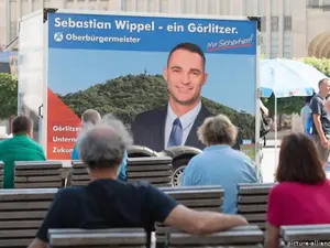 Afiș electoral la Görlitz al candidatului AfD la Primărie, Sebastian Wippel