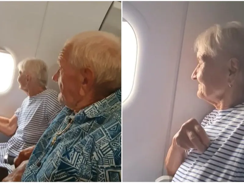 Reacția a doi bunici care au zburat cu avionul pentru prima dată. Nepotul le-a făcut o surpriză - Foto: Captura video