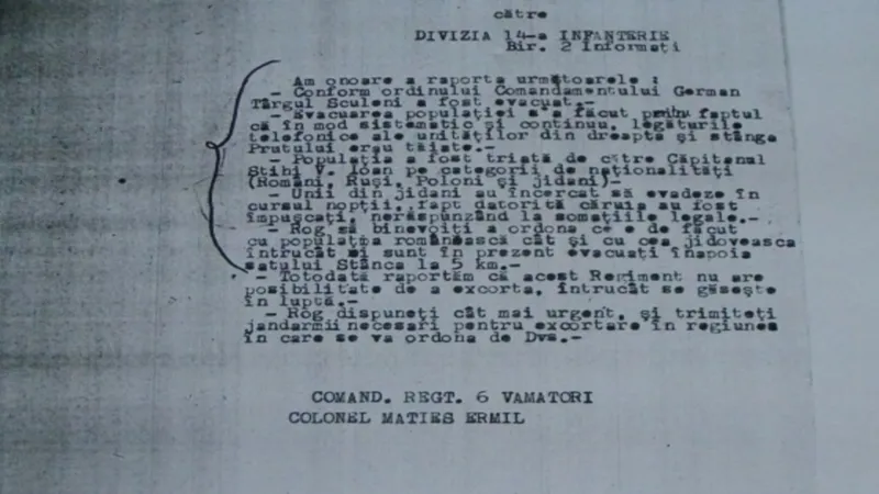 Raportul comandantului Reg. 6 Vȃnători către Divizia XIV Infanterie Sursa: ANMR, fond “Regimentul 6 Vȃnători”, ds. 10, f.279