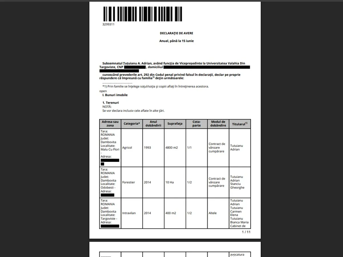 Declarația de avere depusă de Adrian Țuțuianu în iunie 2024 - Foto: captură ecran