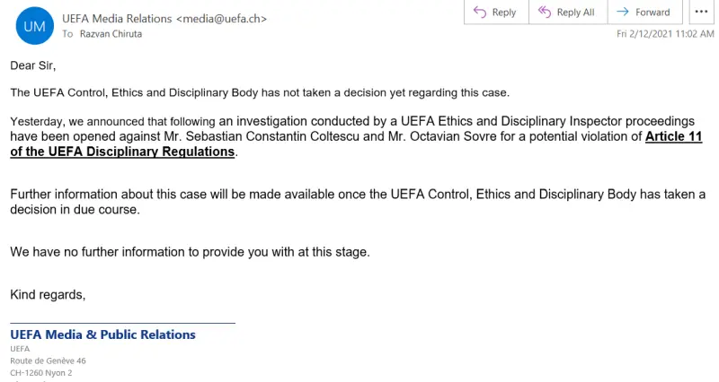 Răspunsul oferit de UEFA la solicitarea Newsweek România