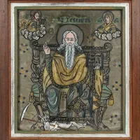 Icoană pe glajă, Sfântul Haralambie pe tron, legând ciuma, ramă pictată, atelier transilvănean, prima jumătate a sec. XIX, piesă rară, provine din colecția familiei ieșene Leon Sculy Logotheti