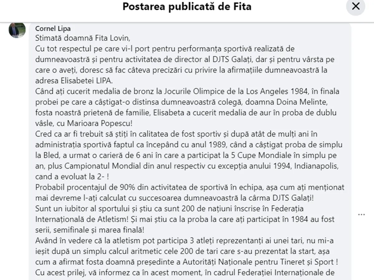 Soțul Elisabetei Lipă, Cornel, s-a luat de marea atletă Fița Lovin (stânga) care e de partea Doinei Melinte Foto: Facebook
