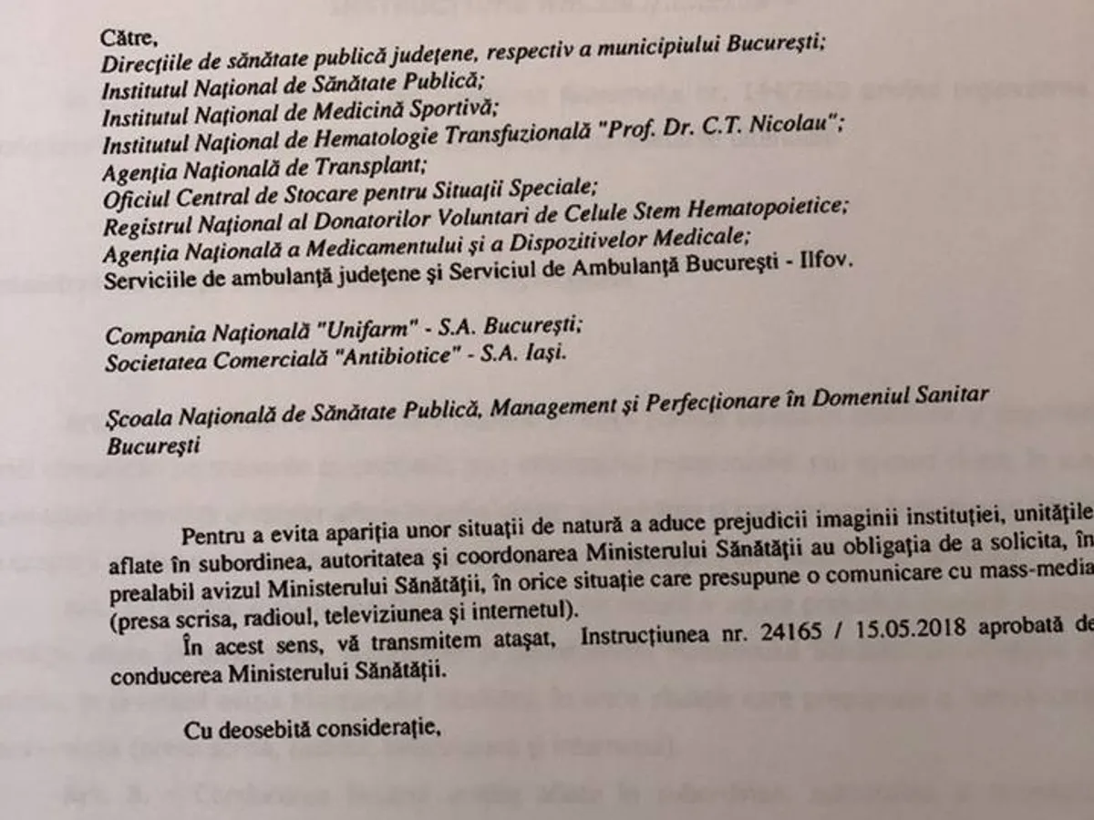 Document - Instrucțiunile în care Sorina Pintea le cere instituțiilor subordonate să nu mai comunice, de facto, cu presa (Sursă: Newsweek România)