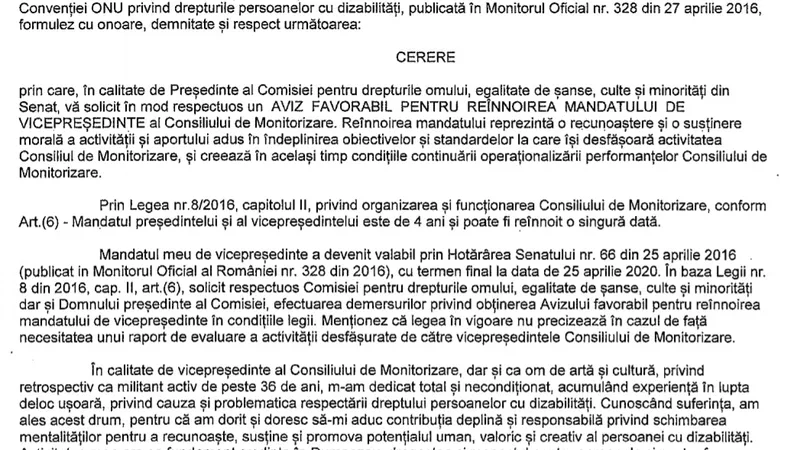 Fragment din scrisoarea prin care actualul vicepreședinte al CM cere reînnoirea mandatului. Sursa: Senat