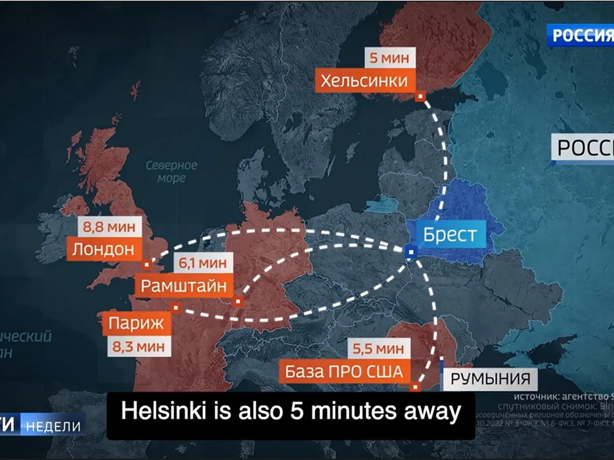 Harta cu posibile ținte pentru Oreșnik, prezentată de Dmitri Kiseliov,, purtătorul de cuvânt al lui Putin - Foto: Profimedia Images